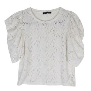 Zara Pointelle Puff Sleeve Top Womens Small White Cropped Coquette Euro Summerd
